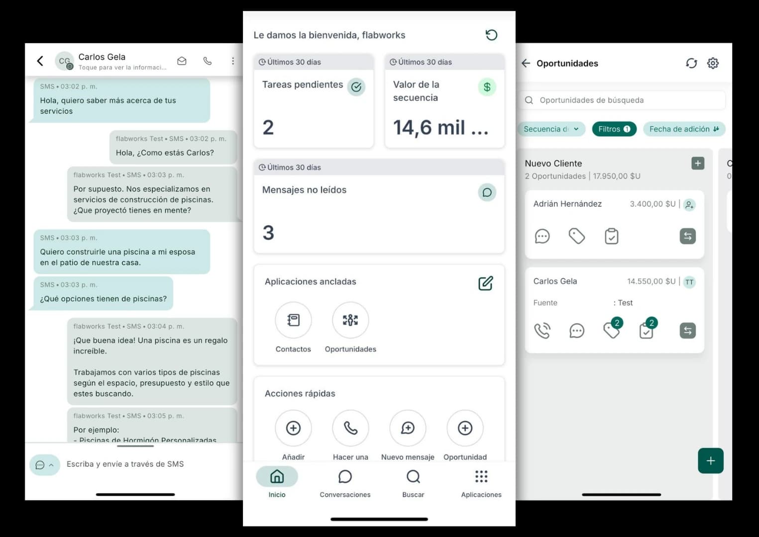 App de gestión Flab — inbox y oportunidades