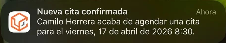 Notificación en el celular del negocio — nueva cita agendada