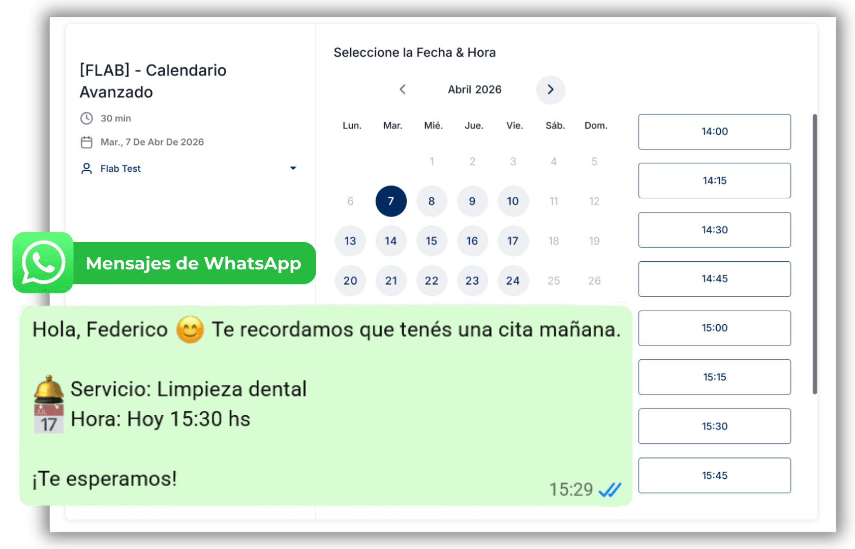 Sistema de Reservas — calendario en la web y recordatorio por WhatsApp